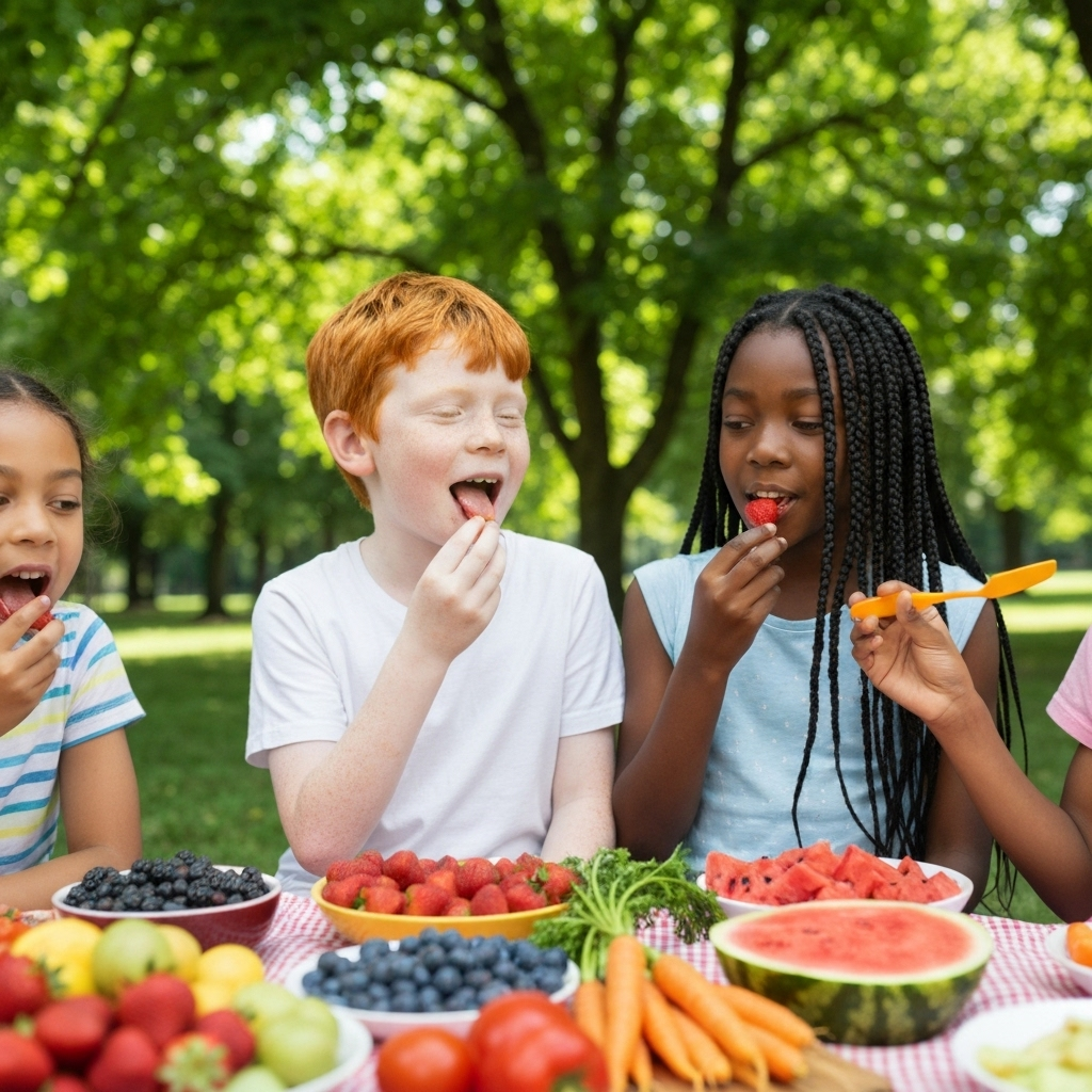 Niños disfrutando de alimentos orgánicos